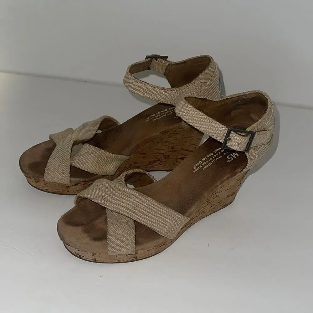 TOMS Sienna Burlap Ankle Strap Cork Wedge Sandals size 6.5